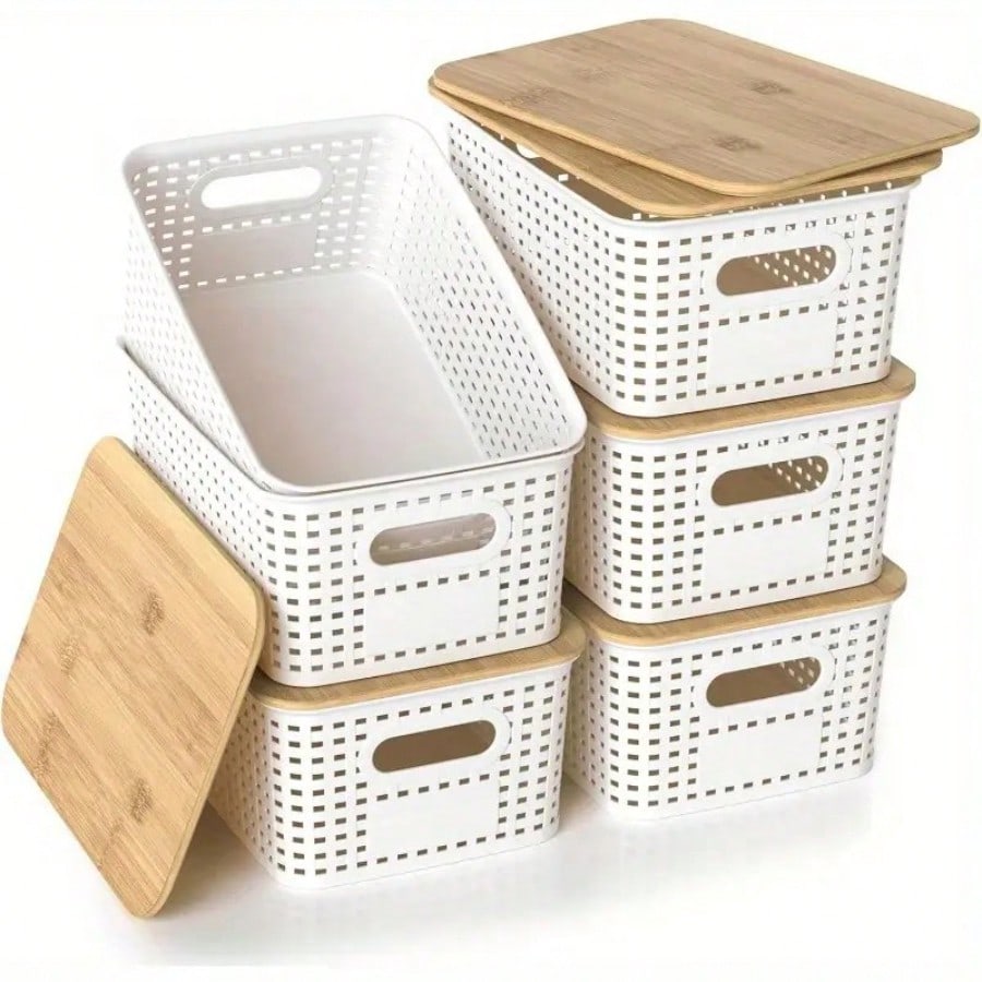 Desktop Organizer Bamboo - 6'lı Paket İstiflenebilir Saklama Kutuları, Bambu